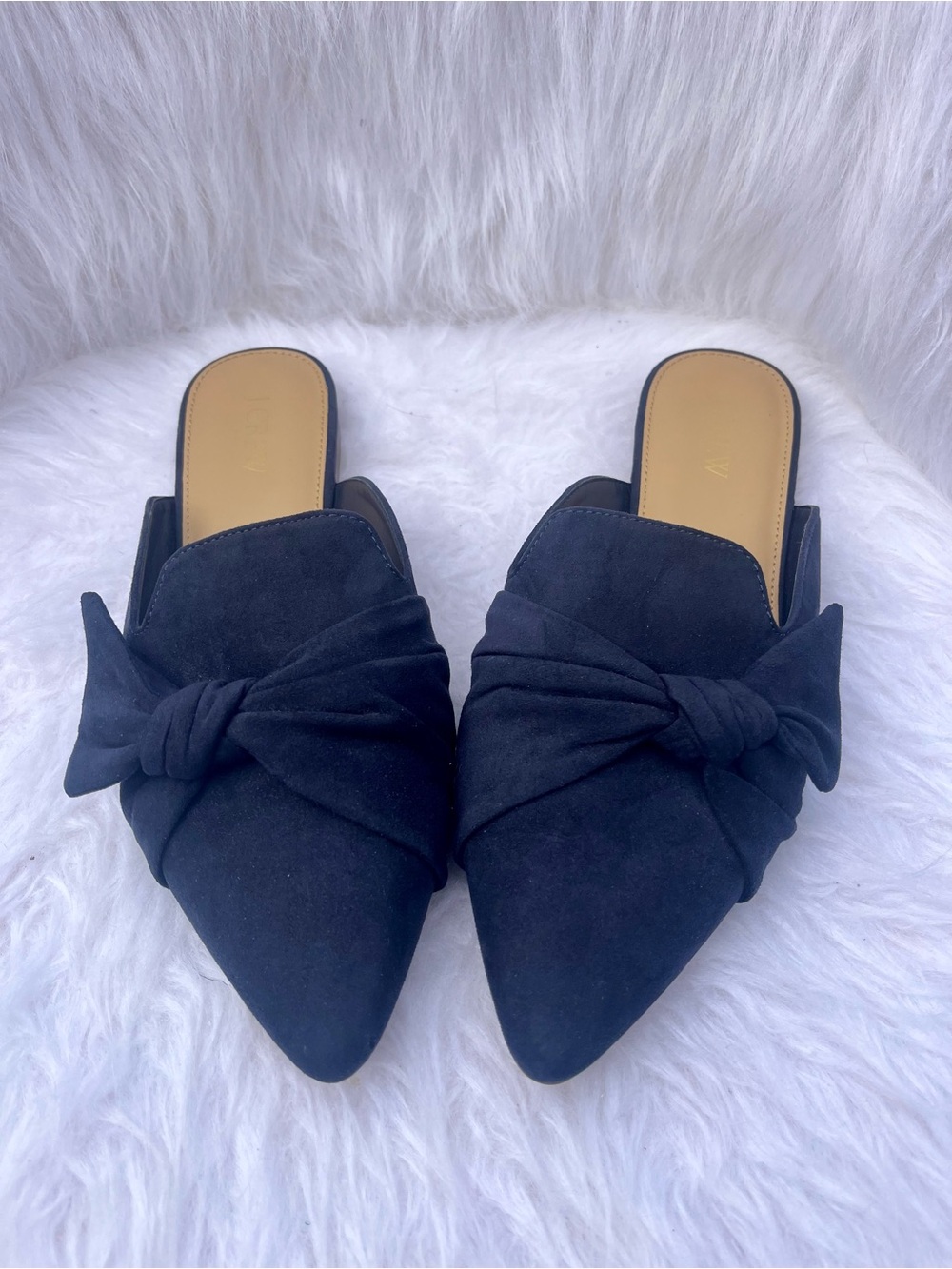 J. Crew Navy Suede Bow Mules Size 8 Pointed Toe Flats